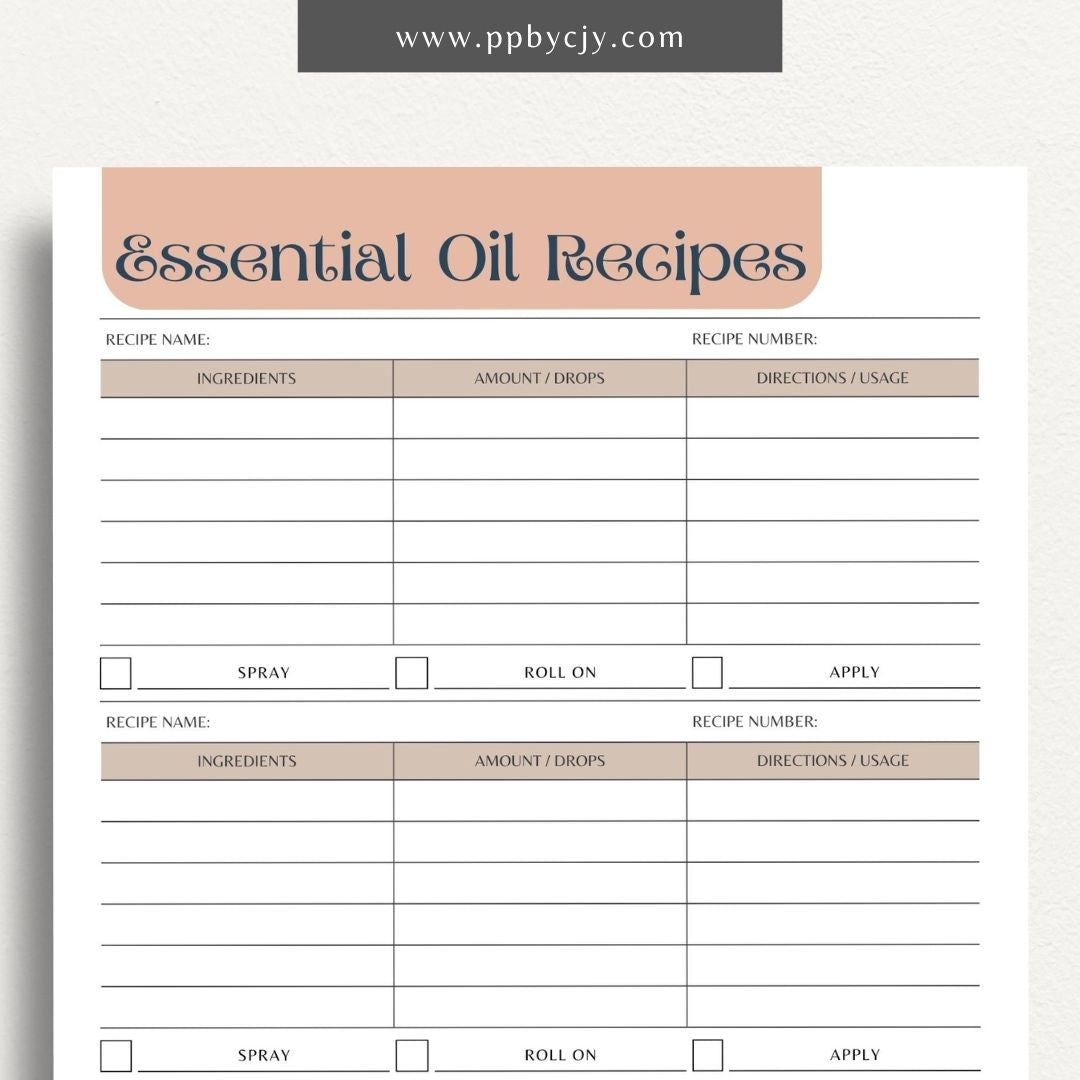 Essential Oils Recipes Printable Template – Digital Download for Organizing and Tracking Recipes with sections for ingredients, instructions, and notes on essential oil blends and uses.