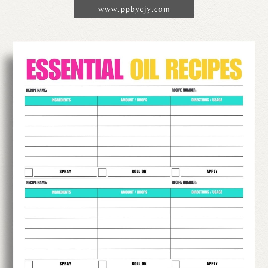 Essential Oils Recipes Printable Template – Digital Download for Organizing and Tracking Recipes with sections for ingredients, instructions, and notes on essential oil blends and uses.