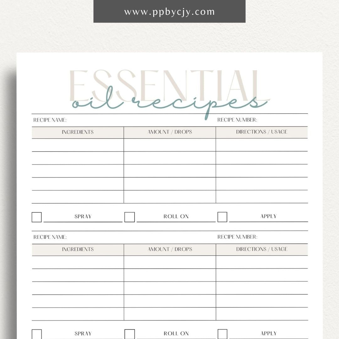 Essential Oils Recipes Printable Template – Digital Download for Organizing and Tracking Recipes with sections for ingredients, instructions, and notes on essential oil blends and uses.