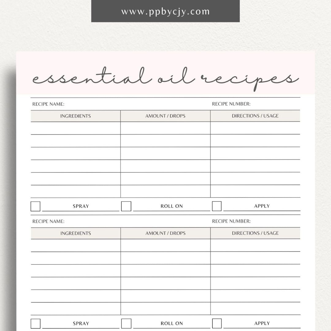 Essential Oils Recipes Printable Template – Digital Download for Organizing and Tracking Recipes with sections for ingredients, instructions, and notes on essential oil blends and uses.