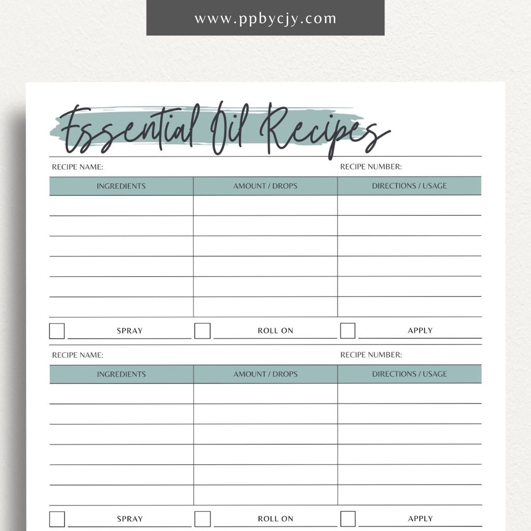 Essential Oils Recipes Printable Template – Digital Download for Organizing and Tracking Recipes with sections for ingredients, instructions, and notes on essential oil blends and uses.