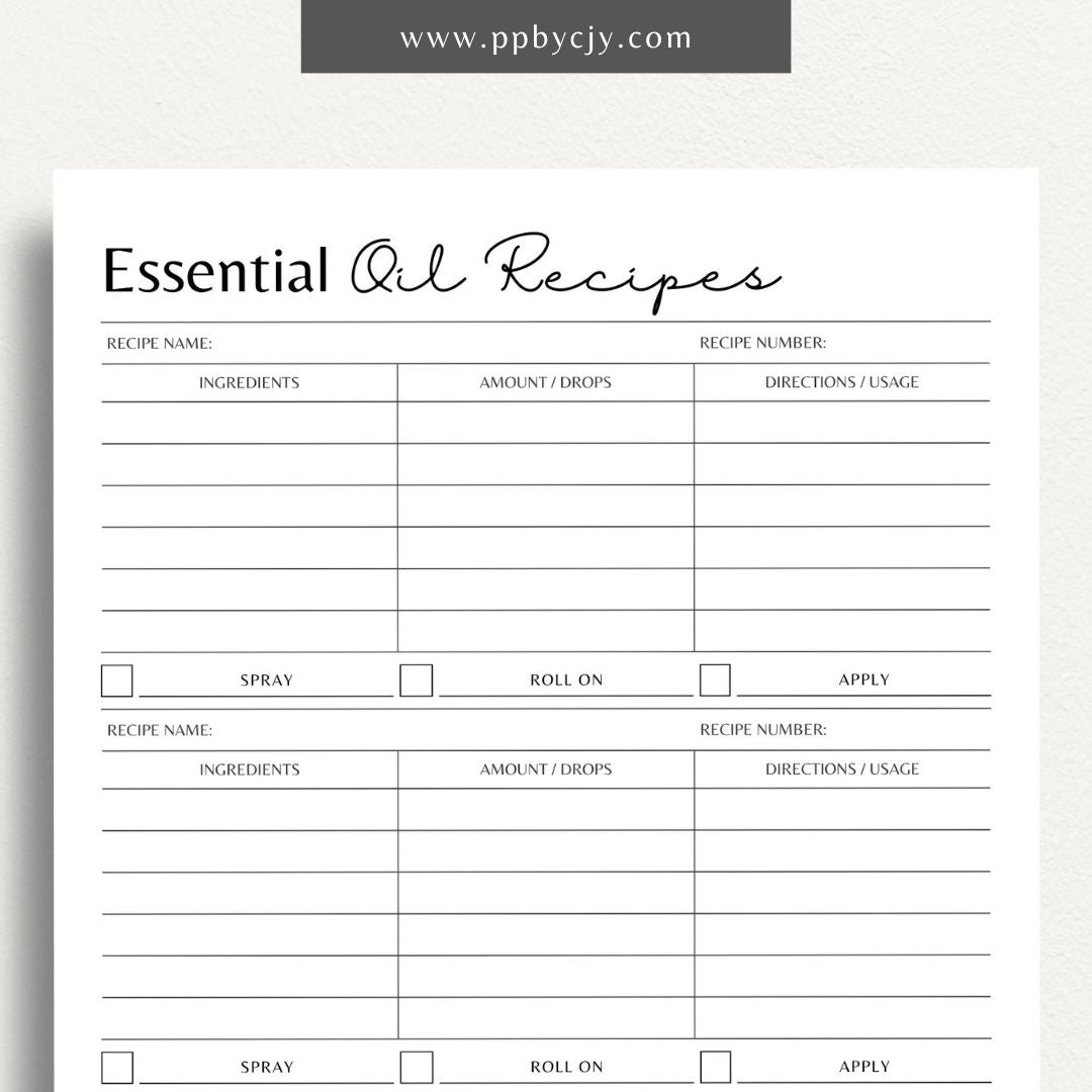 Essential Oils Recipes Printable Template – Digital Download for Organizing and Tracking Recipes with sections for ingredients, instructions, and notes on essential oil blends and uses.
