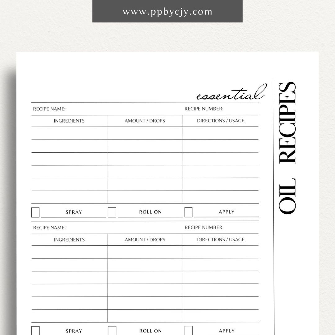 Essential Oils Recipes Printable Template – Digital Download for Organizing and Tracking Recipes with sections for ingredients, instructions, and notes on essential oil blends and uses.