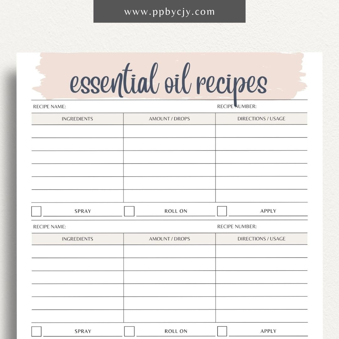 Essential Oils Recipes Printable Template – Digital Download for Organizing and Tracking Recipes with sections for ingredients, instructions, and notes on essential oil blends and uses.