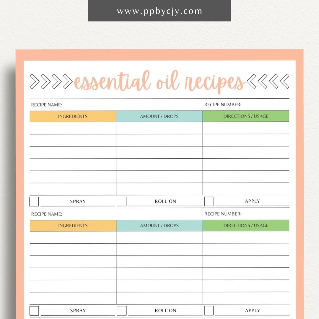 Essential Oils Recipes Printable Template – Digital Download for Organizing and Tracking Recipes with sections for ingredients, instructions, and notes on essential oil blends and uses.