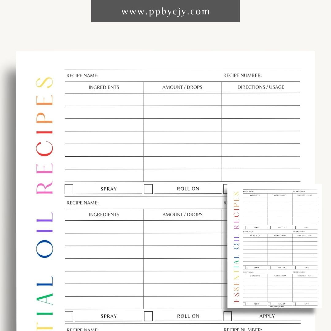 Essential Oils Recipes Printable Template – Digital Download for Organizing and Tracking Recipes with sections for ingredients, instructions, and notes on essential oil blends and uses.