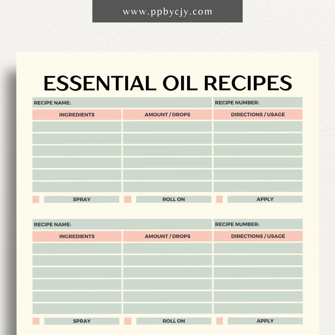 Essential Oils Recipes Printable Template – Digital Download for Organizing and Tracking Recipes with sections for ingredients, instructions, and notes on essential oil blends and uses.