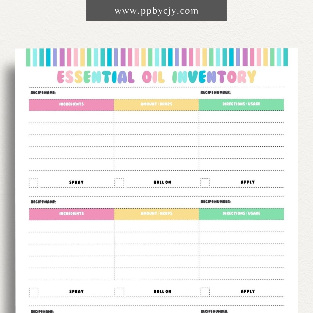 Essential Oils Recipes Printable Template – Digital Download for Organizing and Tracking Recipes with sections for ingredients, instructions, and notes on essential oil blends and uses.