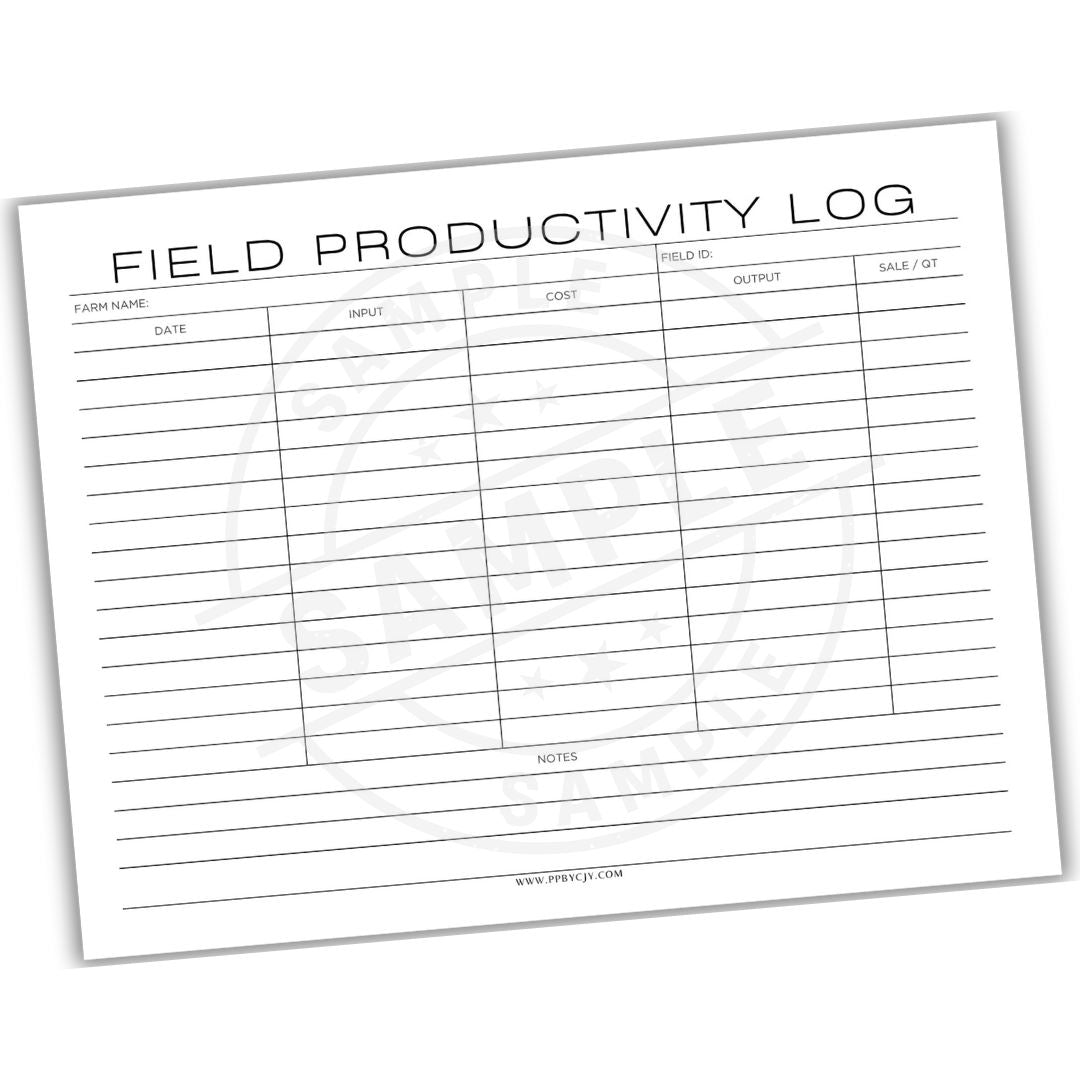 Field Productivity Log sheet with columns for farm name, date, input, cost, field id, output, and sale/Qt.