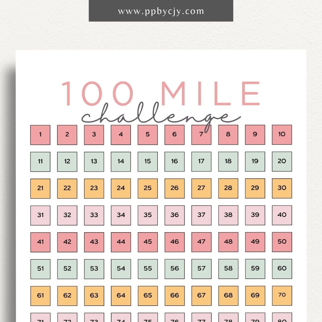 100 Mile Challenge Printable Template – Digital Download for Tracking Your Mileage Goals