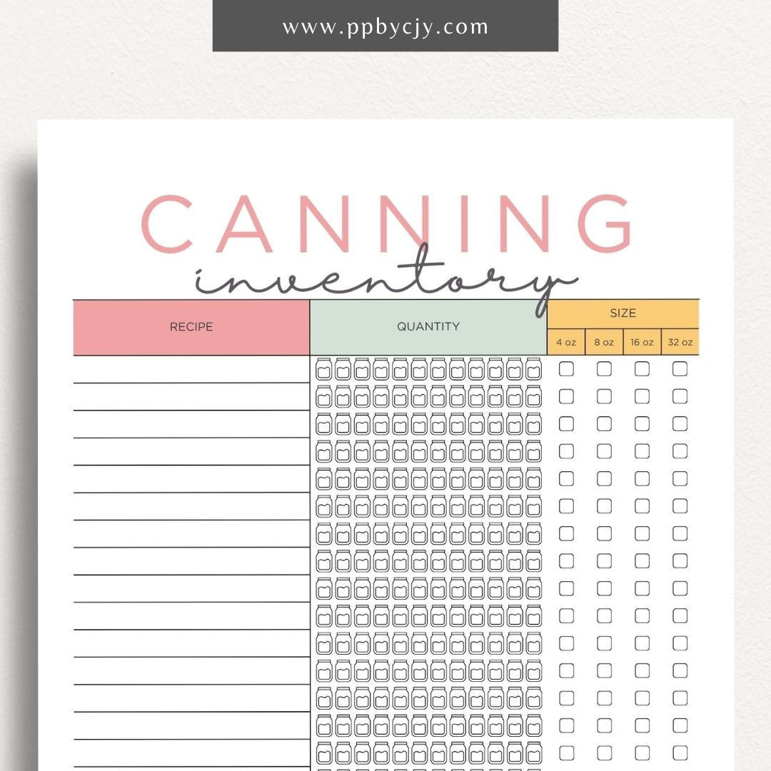 Homestead Canning Inventory Printable Template – Digital download for recording and managing home-canned goods and supplies.