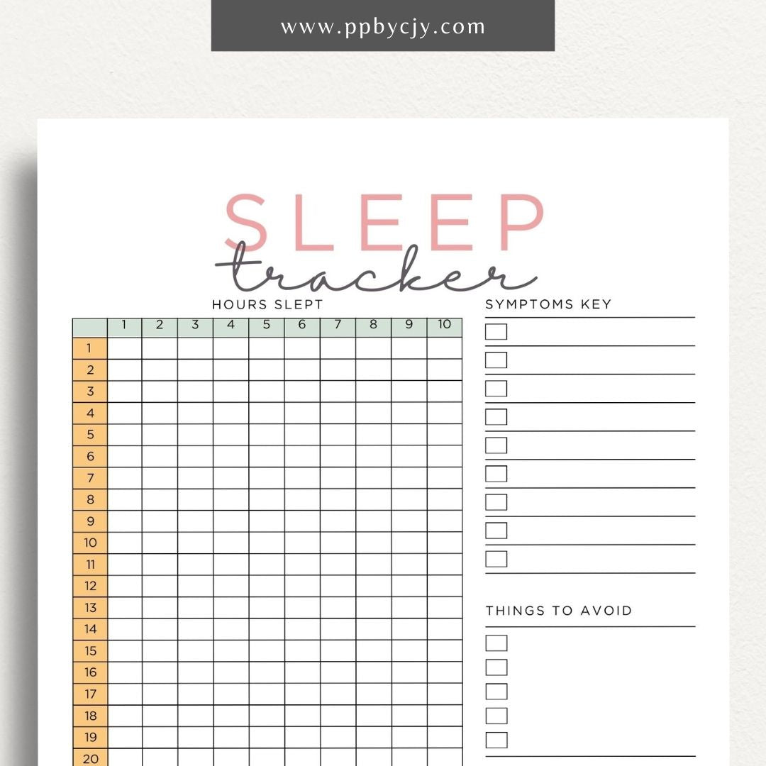 Sleep Tracker Printable Template – Digital download for recording and monitoring your sleep patterns, duration, and quality