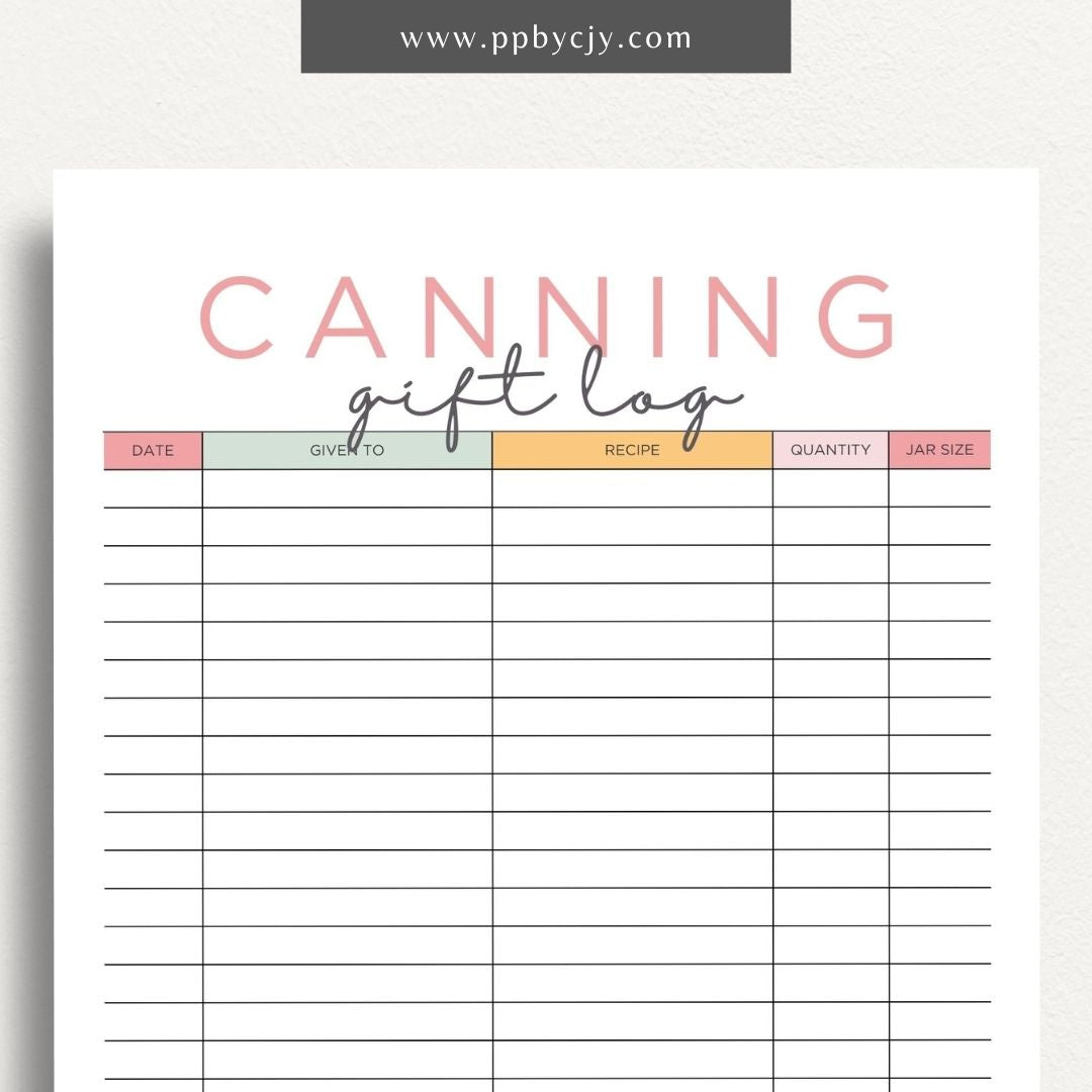 Homestead Canning Gift Log Printable Template – Digital download for tracking and organizing gifts made from home-canned goods.