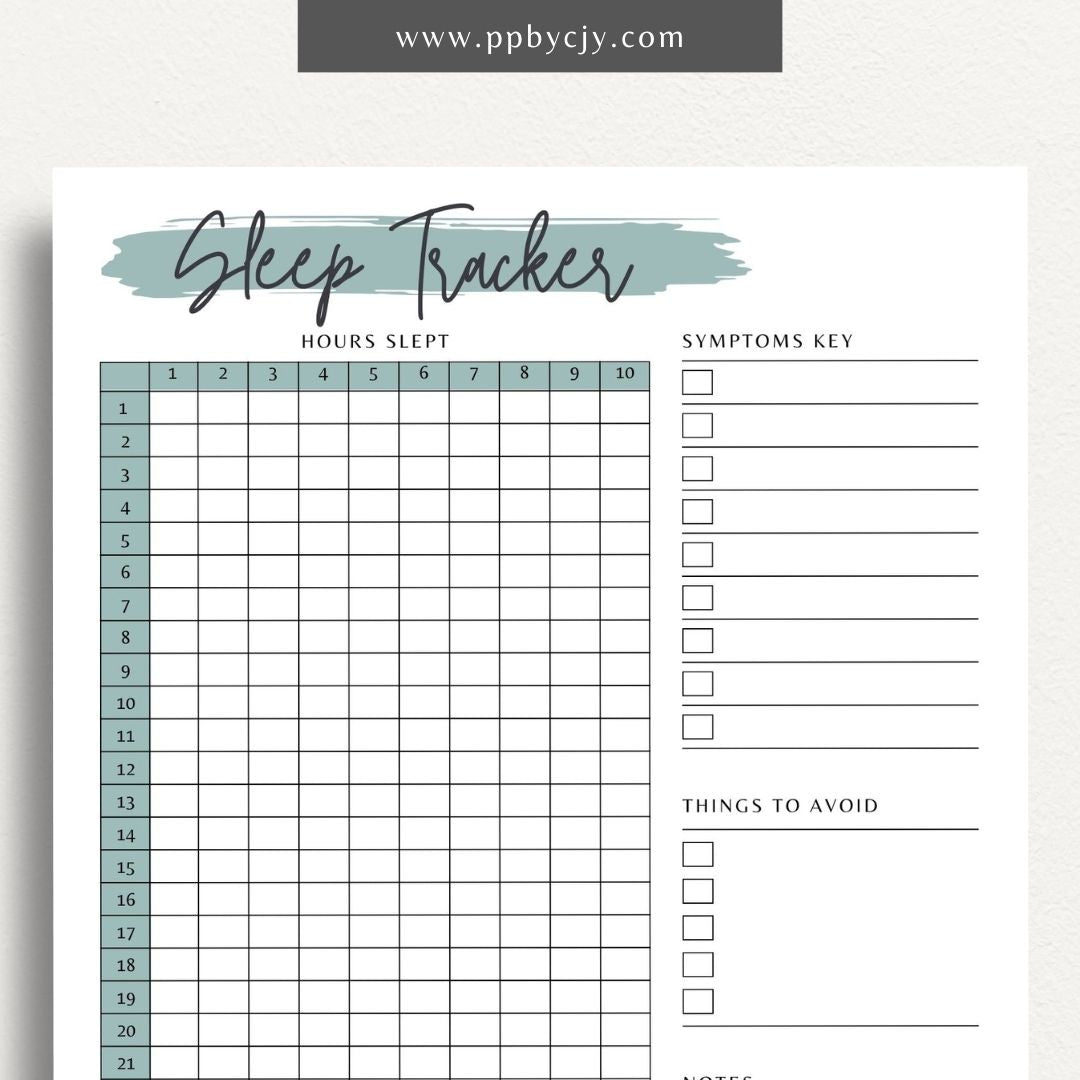 Sleep Tracker Printable Template – Digital download for recording and monitoring your sleep patterns, duration, and quality