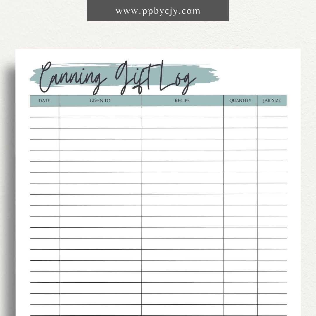 Homestead Canning Gift Log Printable Template – Digital download for tracking and organizing gifts made from home-canned goods.
