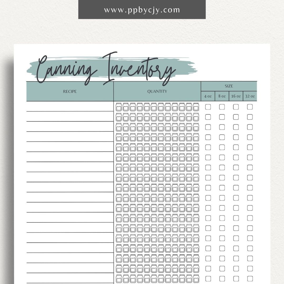 Homestead Canning Inventory Printable Template – Digital download for recording and managing home-canned goods and supplies.