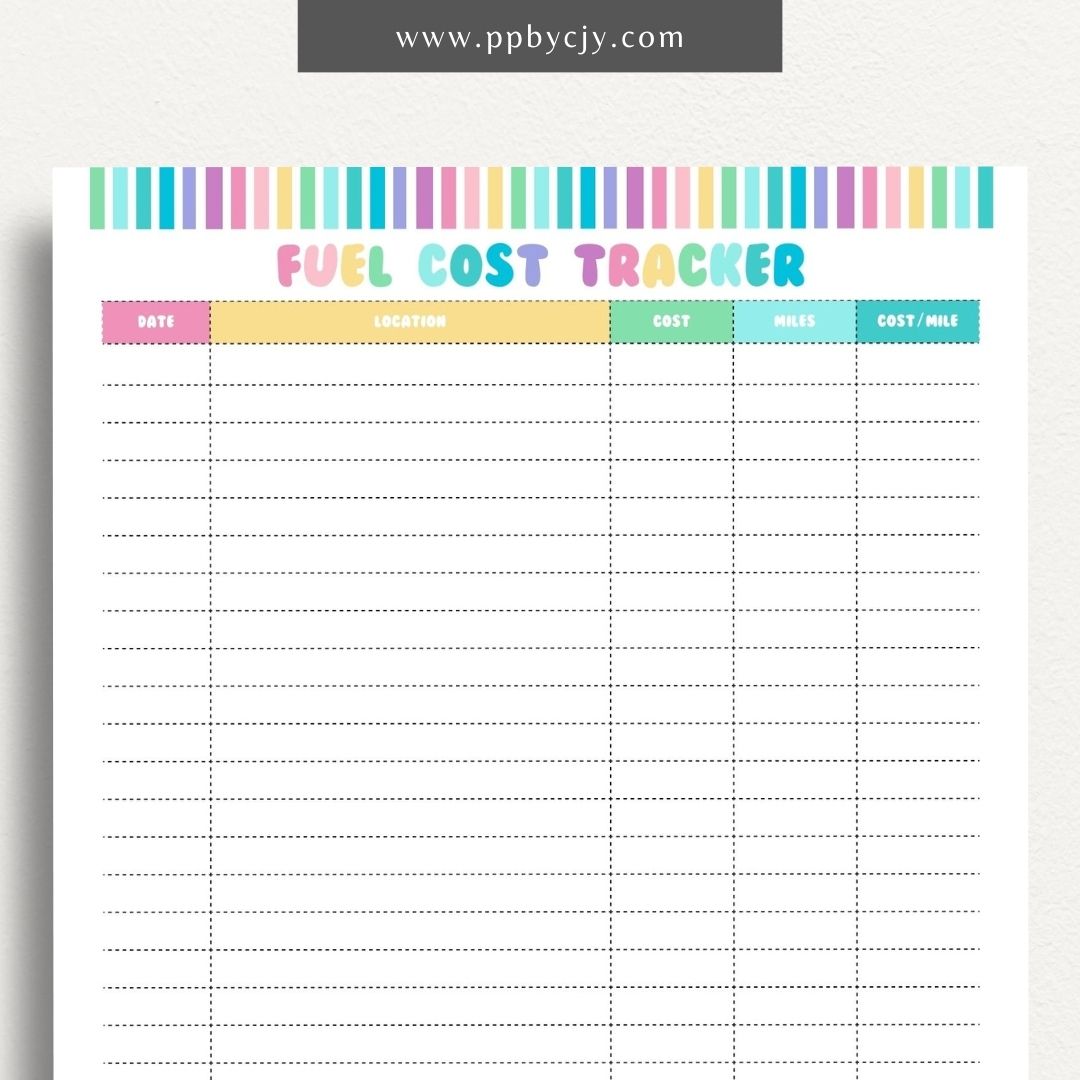 Fuel Cost Tracker Printable Template – Digital download for monitoring and managing fuel expenses and usage.