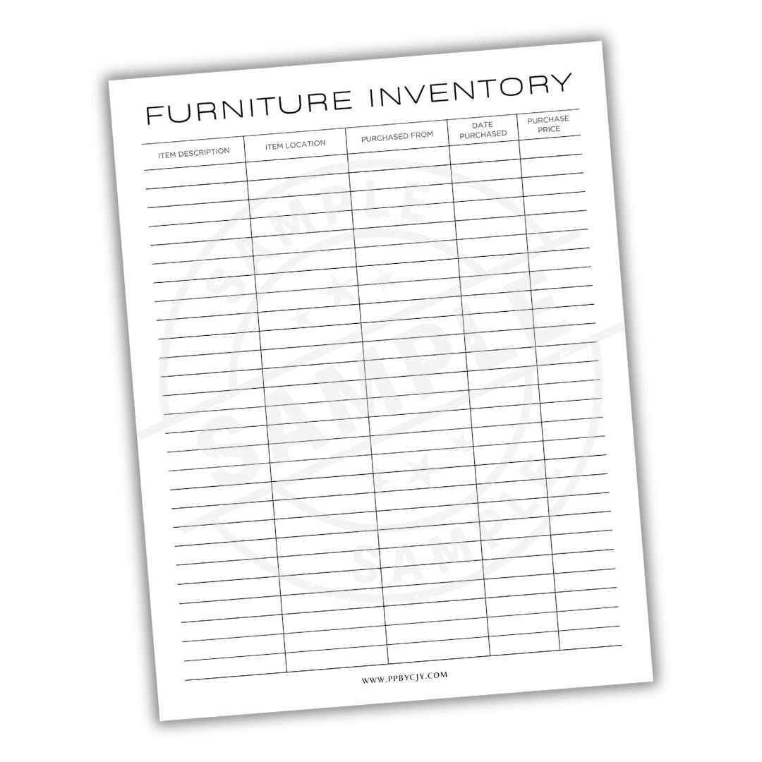 Furniture Home Inventory List Printable PDF Template