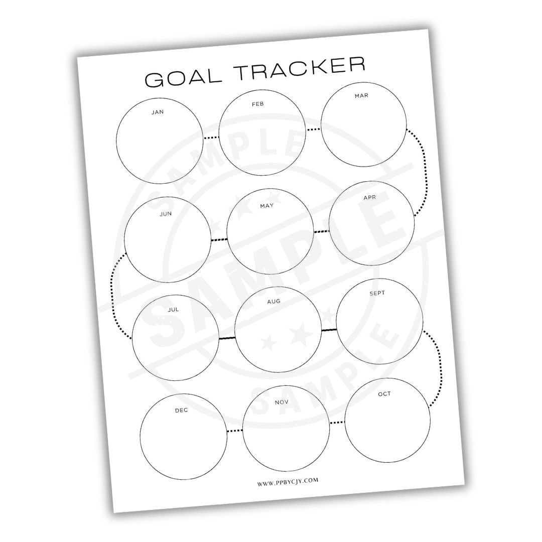 Goal tracker sheet with circular months for tracking goals throughout the year.