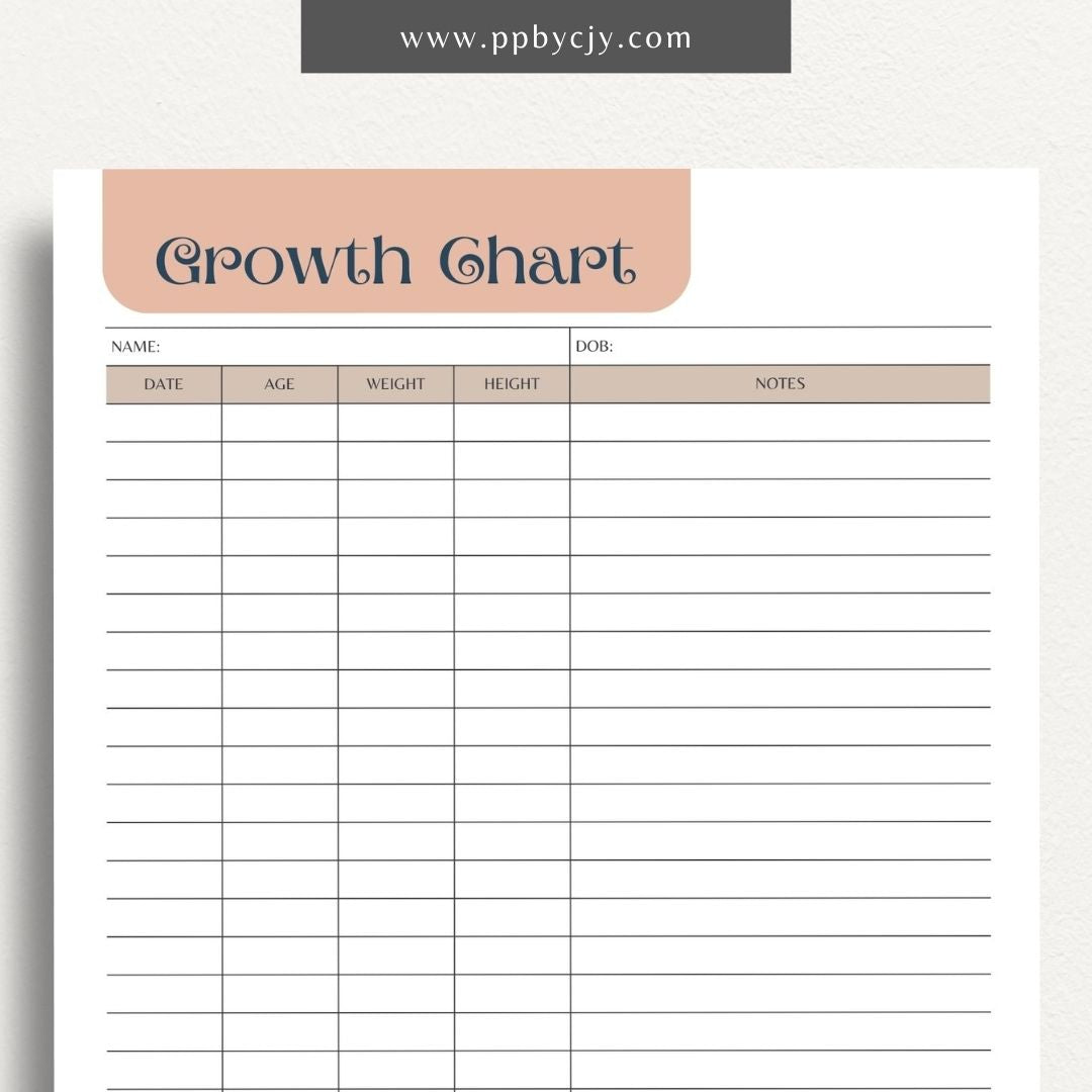 Kids Growth Chart Printable Template – Digital download for recording and tracking your child's growth and development milestones.
