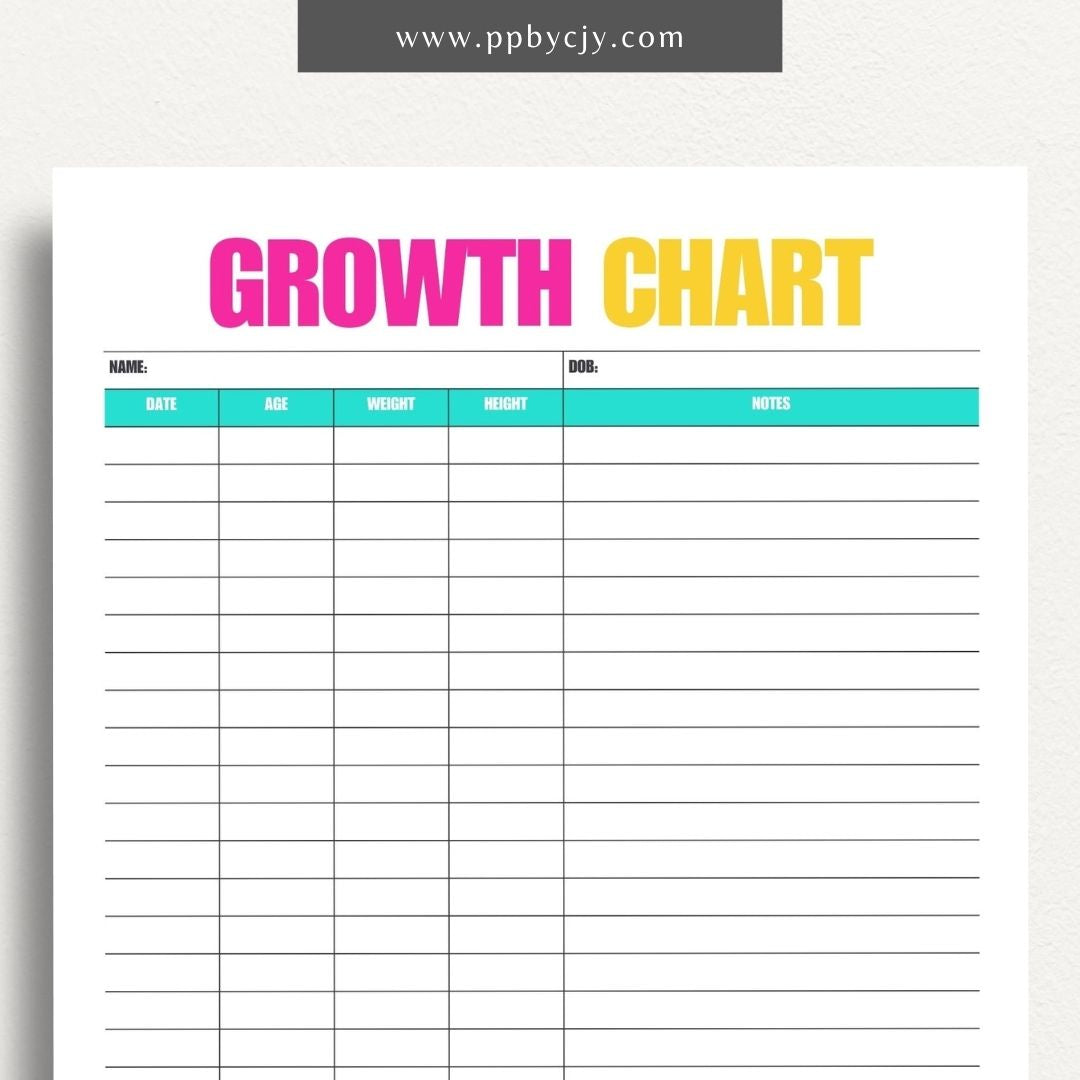 Kids Growth Chart Printable Template – Digital download for recording and tracking your child's growth and development milestones.