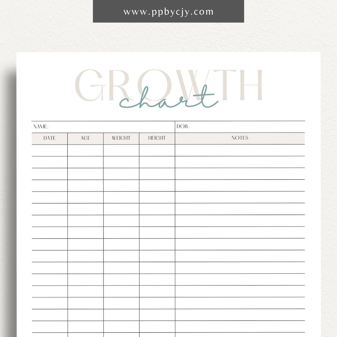 Kids Growth Chart Printable Template – Digital download for recording and tracking your child's growth and development milestones.