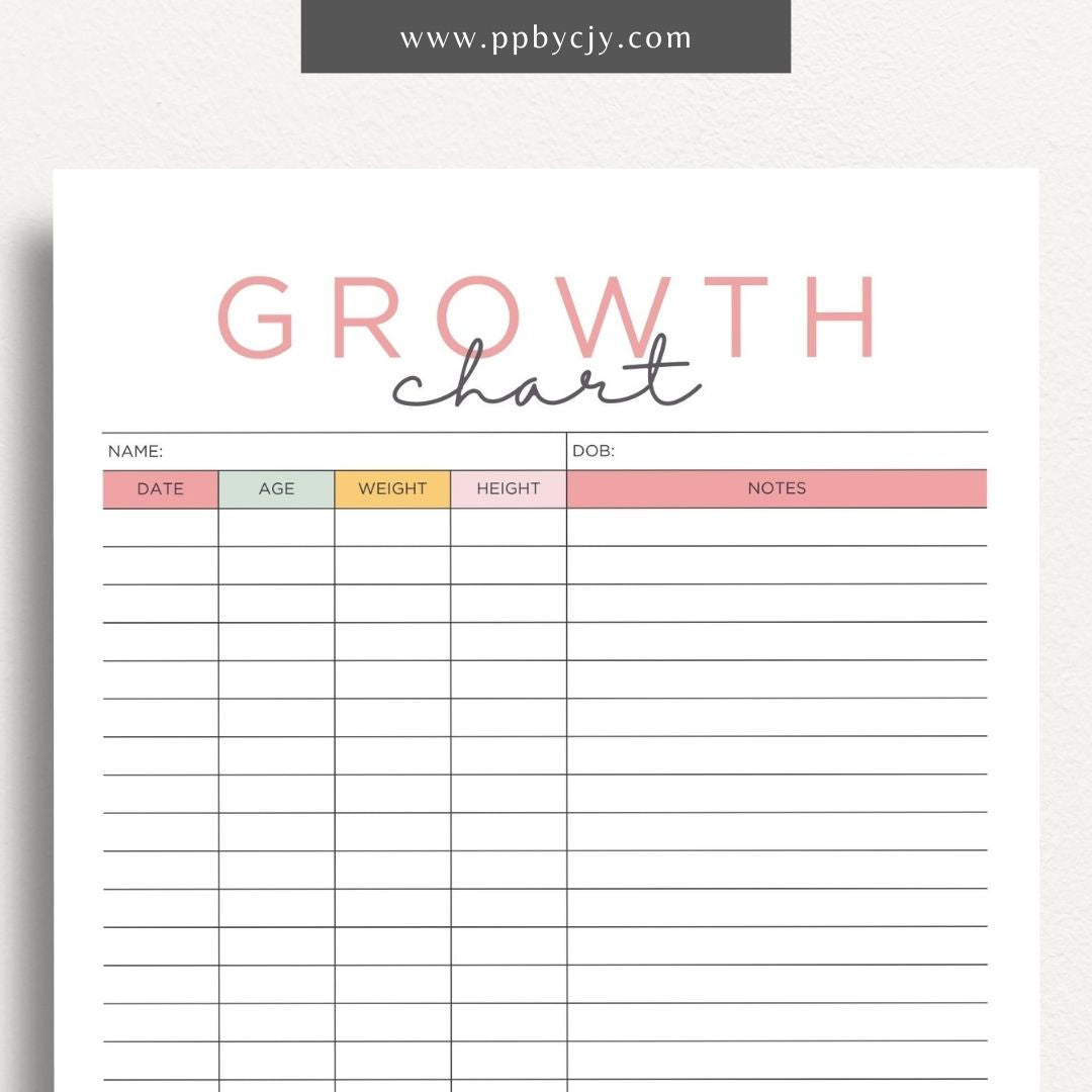 Kids Growth Chart Printable Template – Digital download for recording and tracking your child's growth and development milestones.