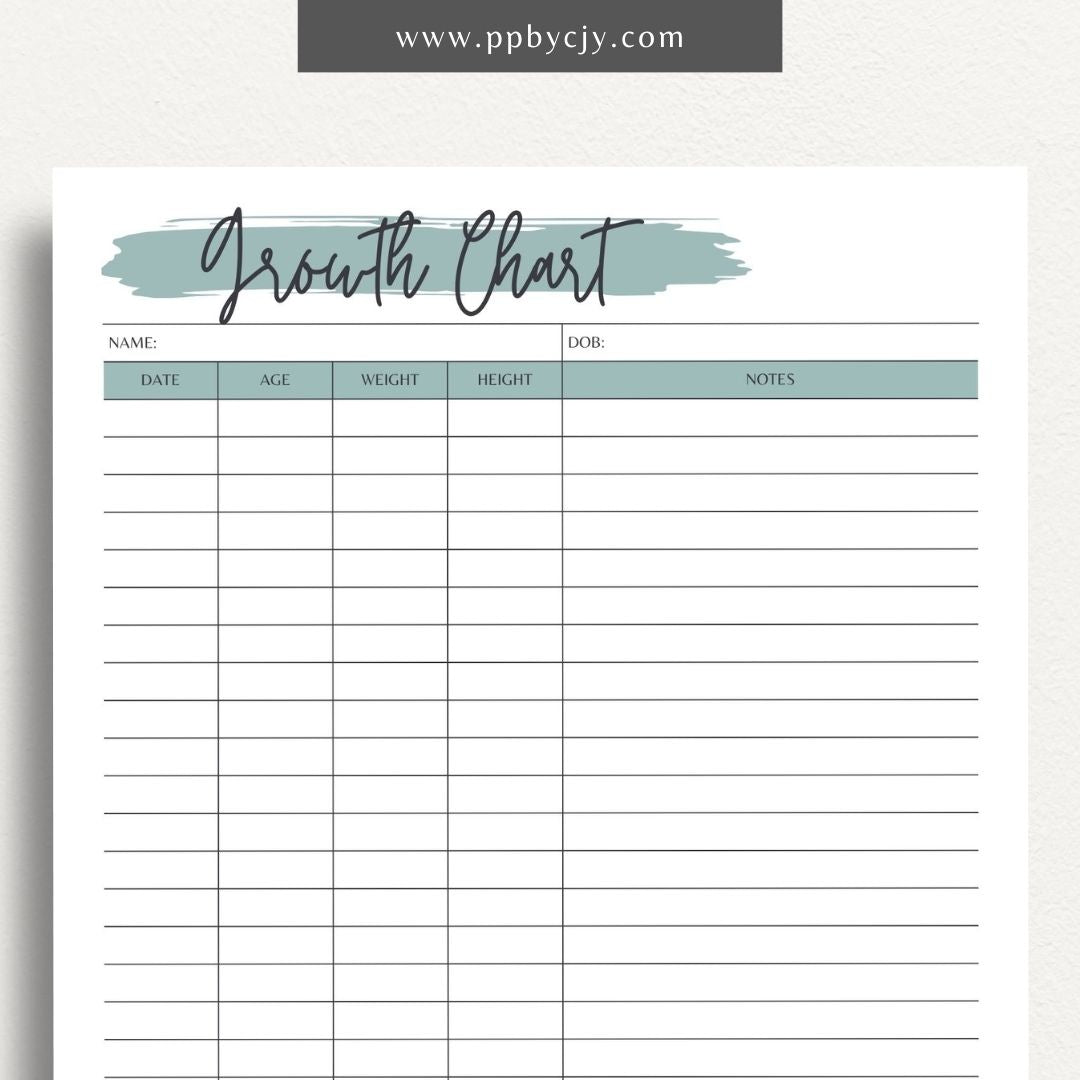 Kids Growth Chart Printable Template – Digital download for recording and tracking your child's growth and development milestones.