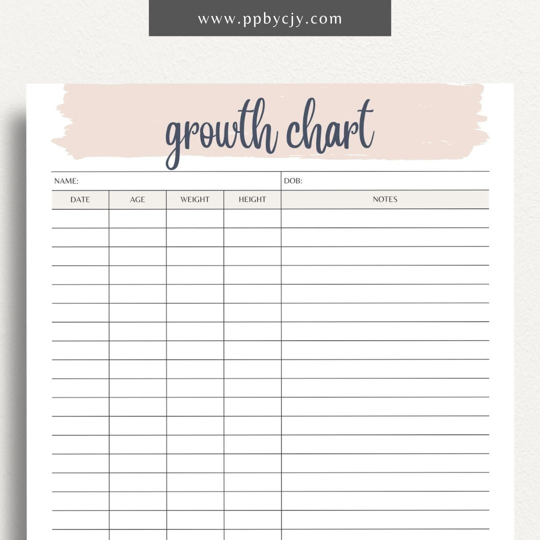 Kids Growth Chart Printable Template – Digital download for recording and tracking your child's growth and development milestones.