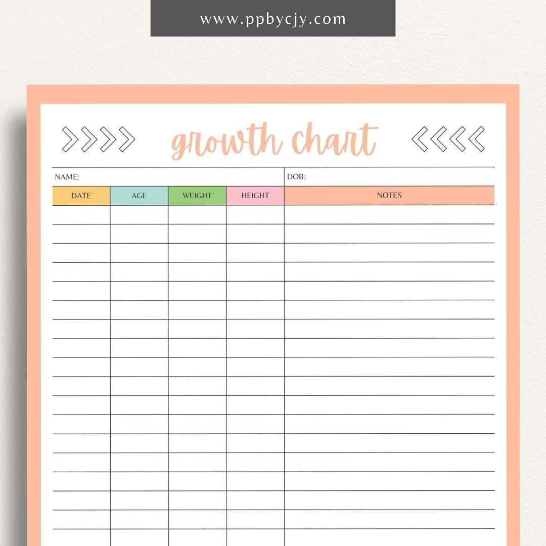 Kids Growth Chart Printable Template – Digital download for recording and tracking your child's growth and development milestones.