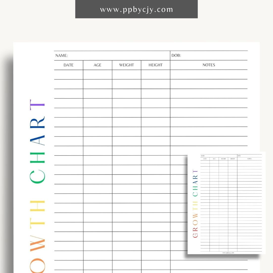 Kids Growth Chart Printable Template – Digital download for recording and tracking your child's growth and development milestones.