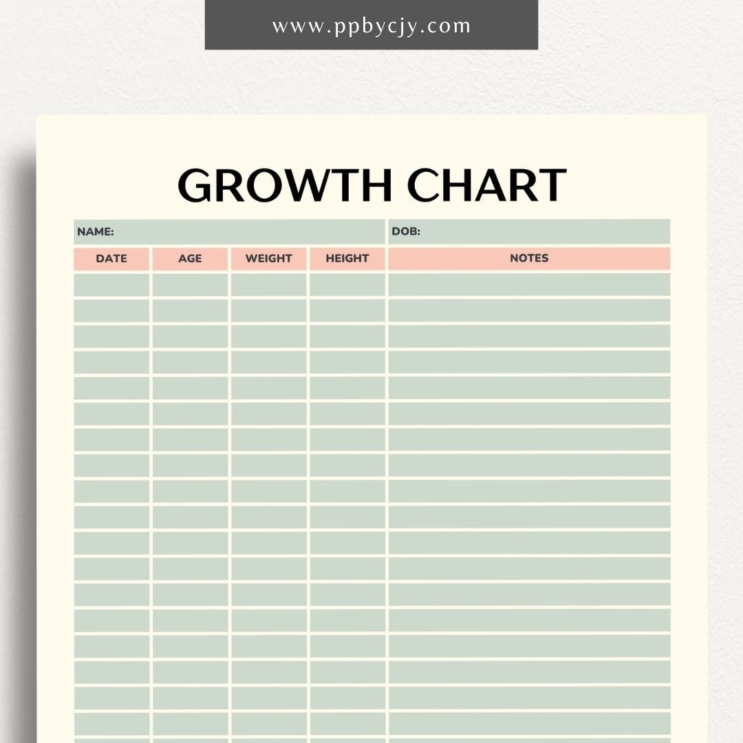 Kids Growth Chart Printable Template – Digital download for recording and tracking your child's growth and development milestones.