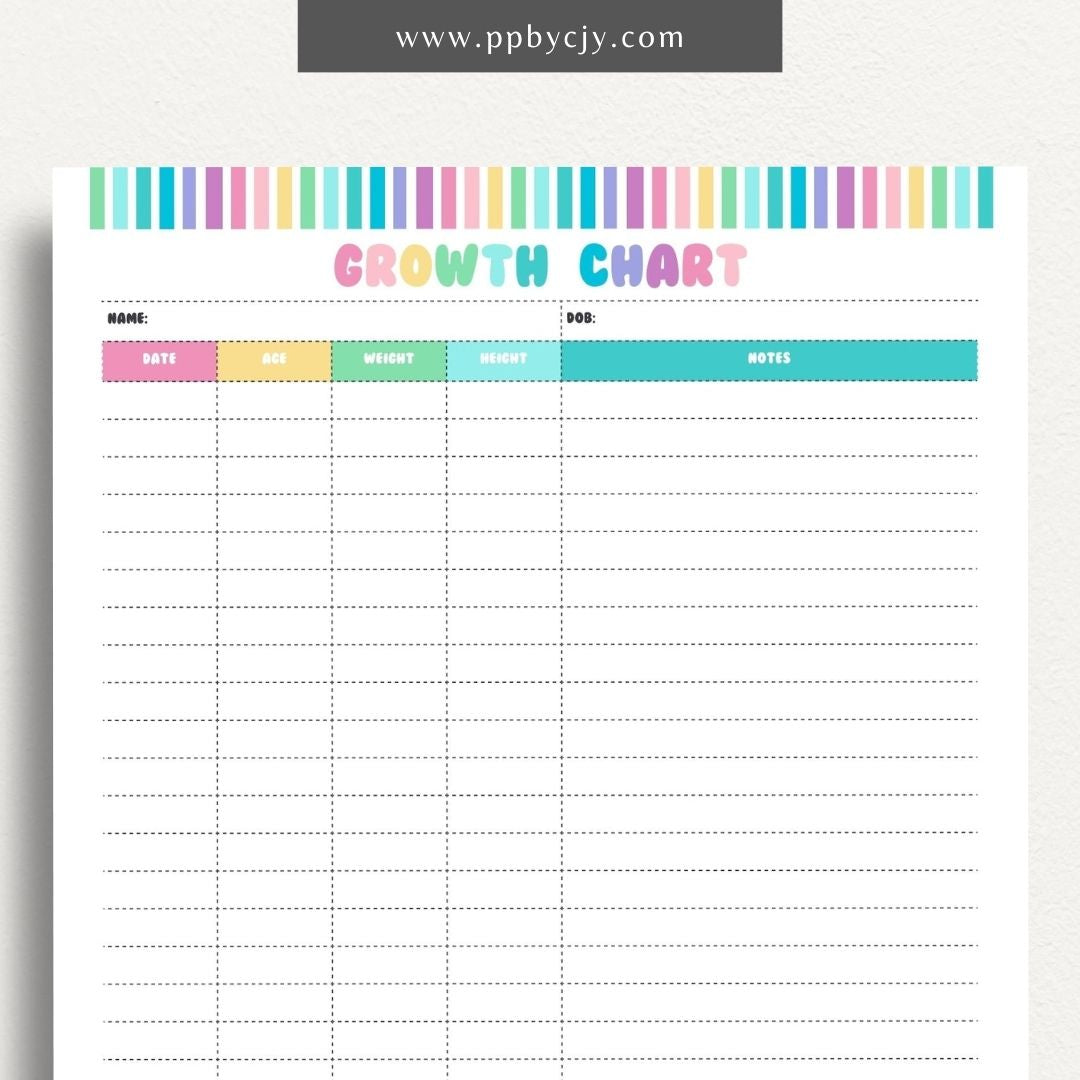 Kids Growth Chart Printable Template – Digital download for recording and tracking your child's growth and development milestones.