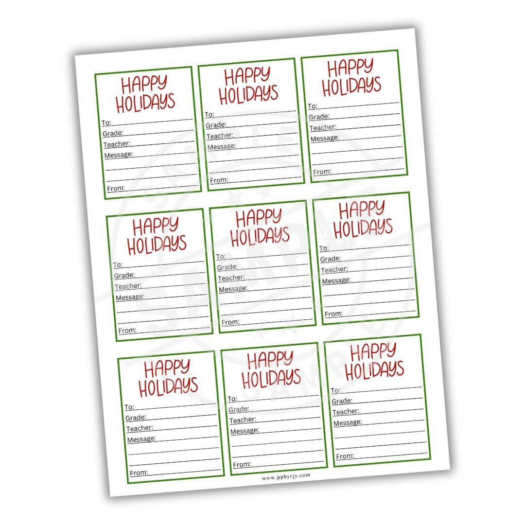 Sheet of 'Happy Holidays' greeting cards with pre-printed text on a white background