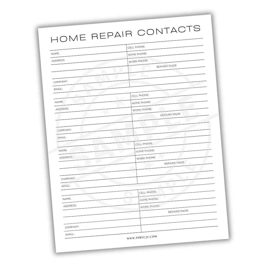 Home Repair Contact List Printable PDF Template