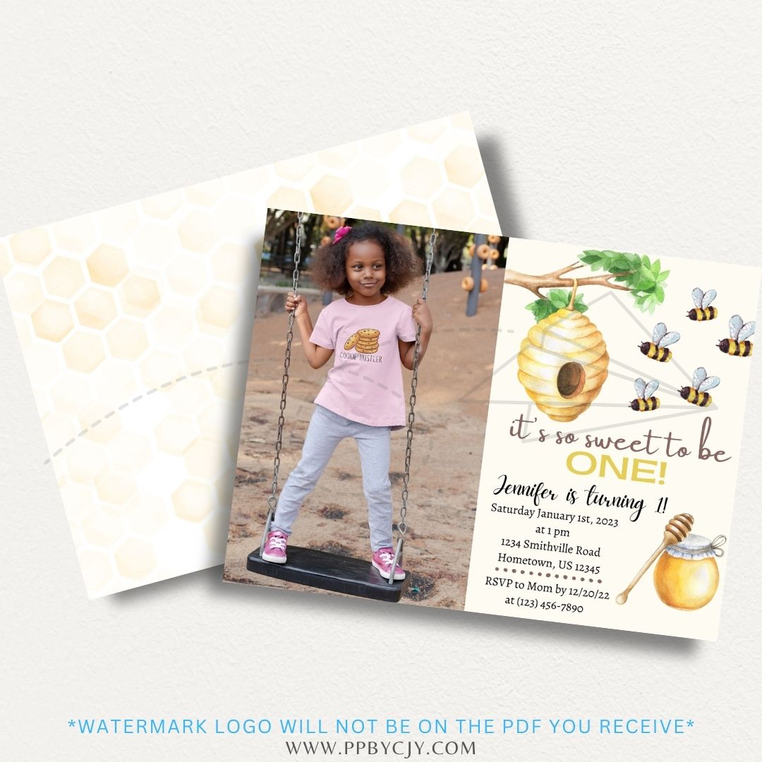 Honey bee printable invitation with cute bees, honeycombs, and a rustic theme for baby showers, birthdays, and bee-themed celebrations.