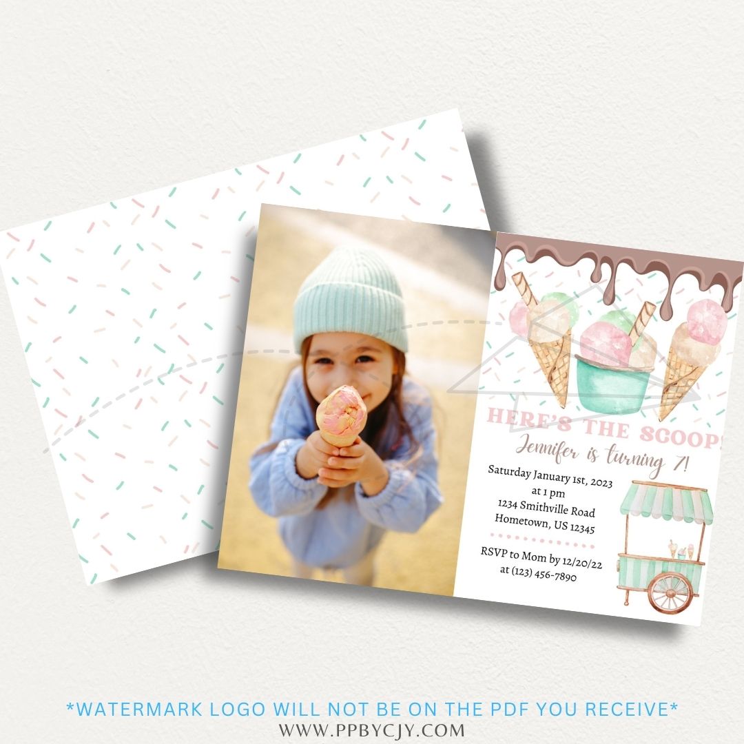 Ice cream-themed printable invitation with a fun, colorful design, perfect for birthdays, summer parties, and ice cream socials.