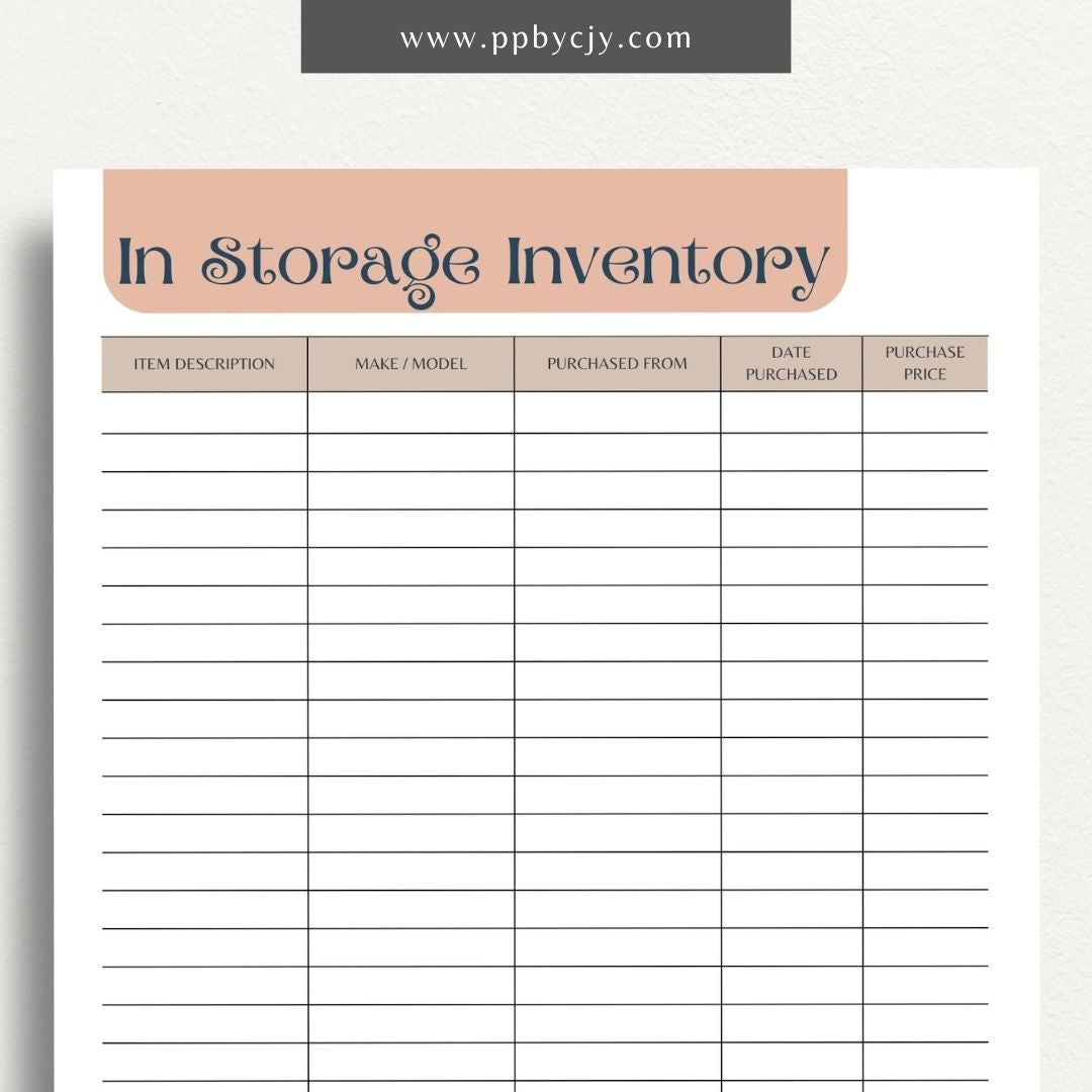 In Storage Inventory Printable Template – Digital download for cataloging and managing items stored in various locations.