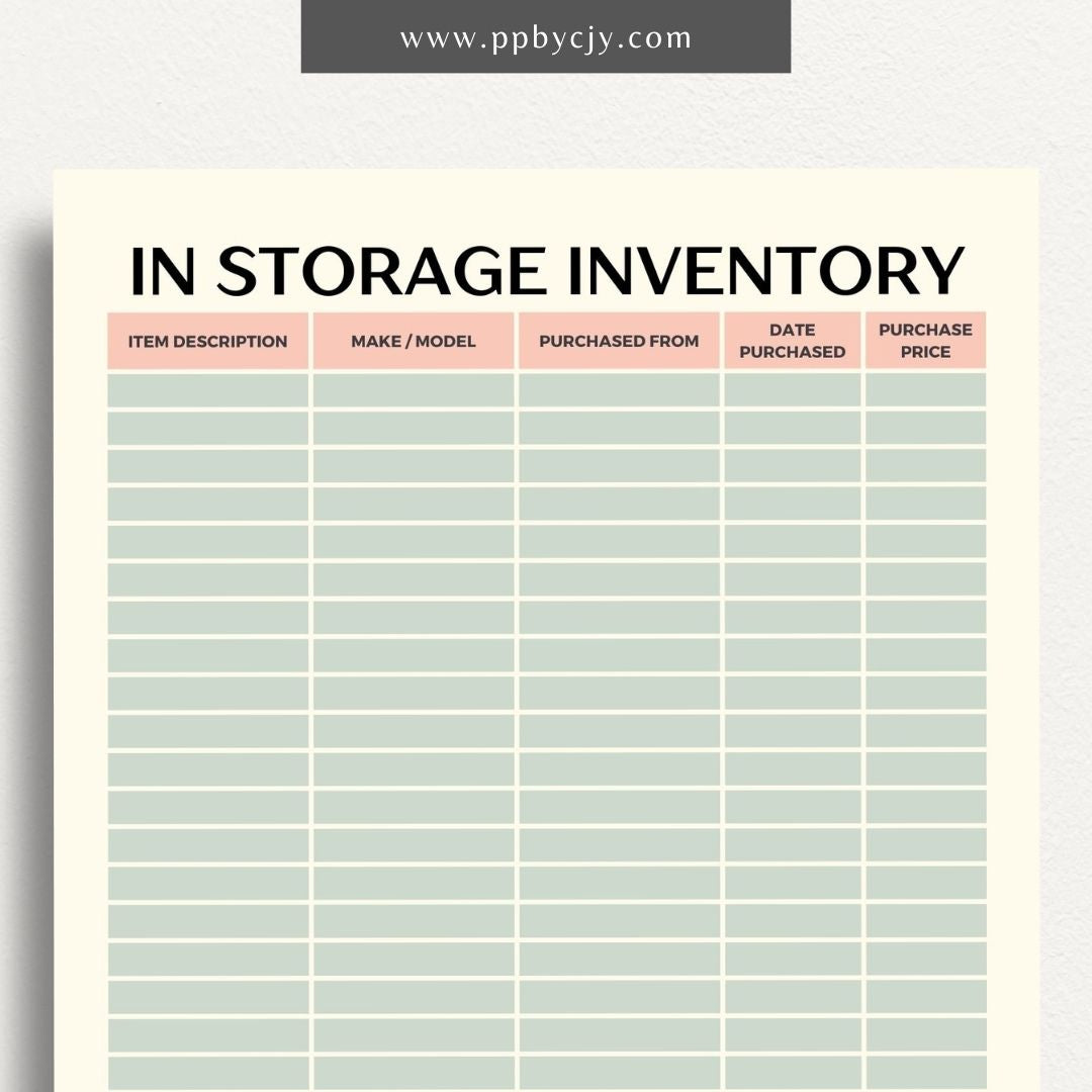 In Storage Inventory Printable Template – Digital download for cataloging and managing items stored in various locations.