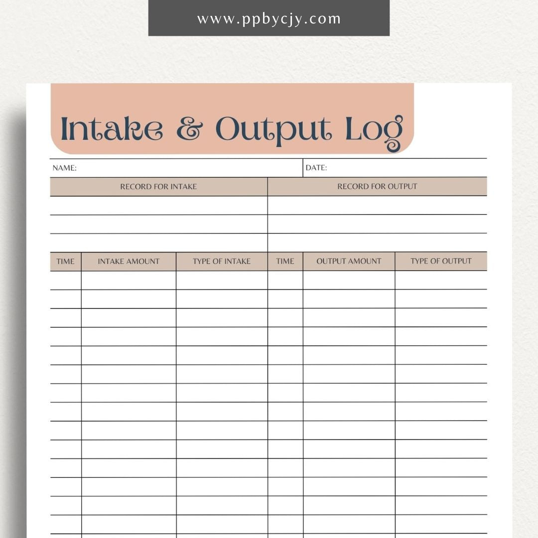Intake Output Log Printable Template – Digital download for tracking and recording fluid intake and output measurements.