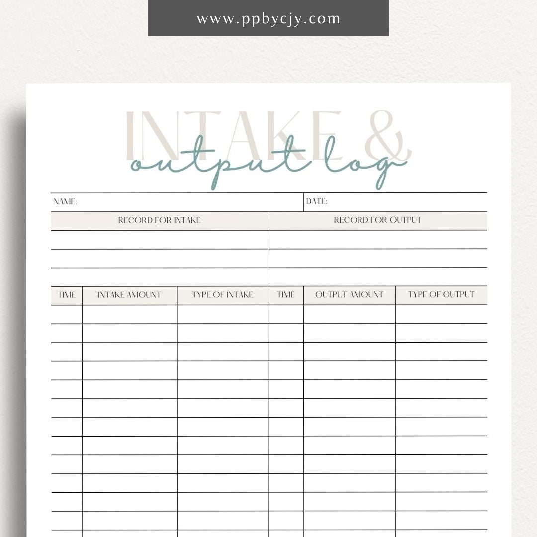 Intake Output Log Printable Template – Digital download for tracking and recording fluid intake and output measurements.