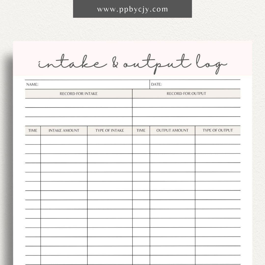 Intake Output Log Printable Template – Digital download for tracking and recording fluid intake and output measurements.