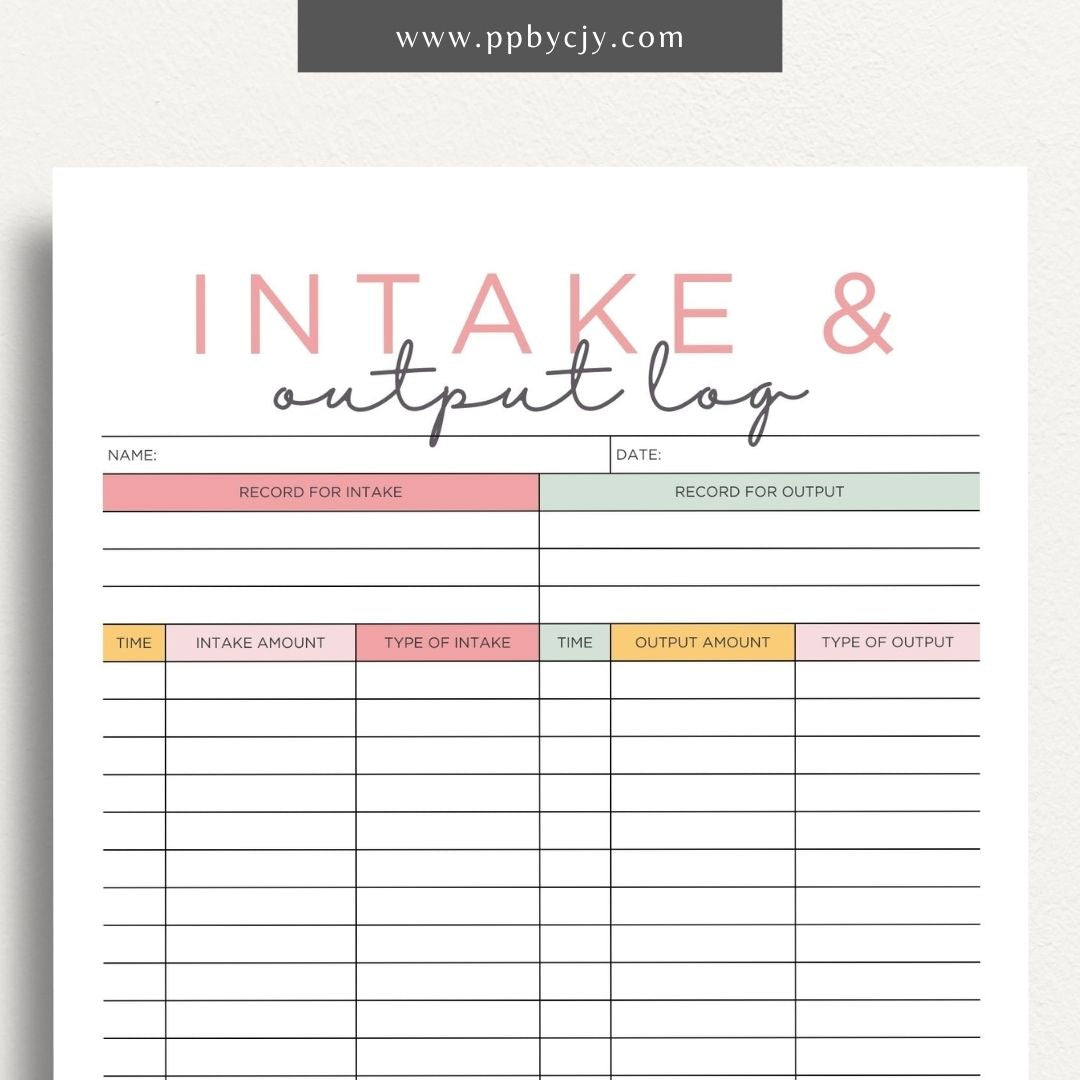 Intake Output Log Printable Template – Digital download for tracking and recording fluid intake and output measurements.