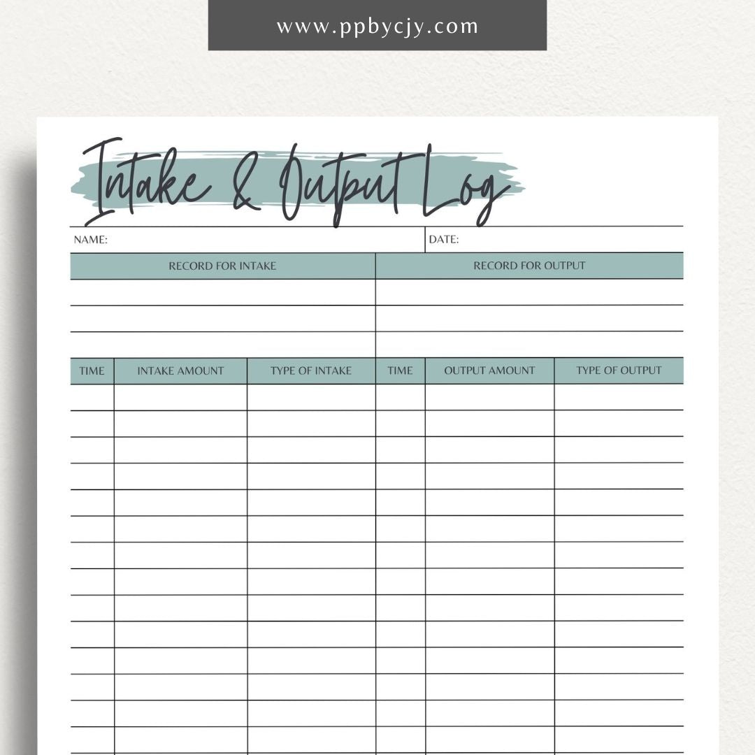 Intake Output Log Printable Template – Digital download for tracking and recording fluid intake and output measurements.