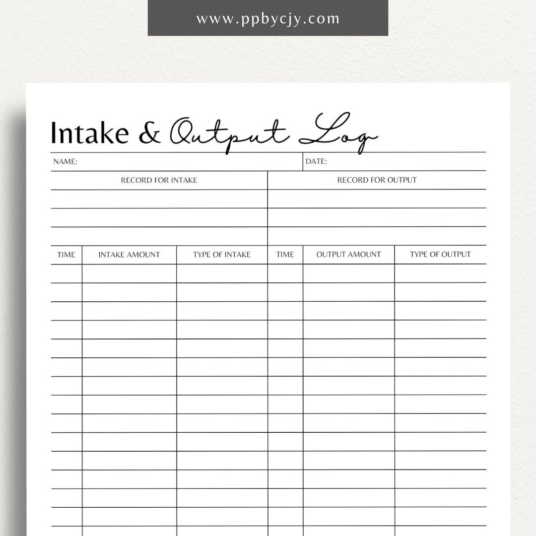 Intake Output Log Printable Template – Digital download for tracking and recording fluid intake and output measurements.