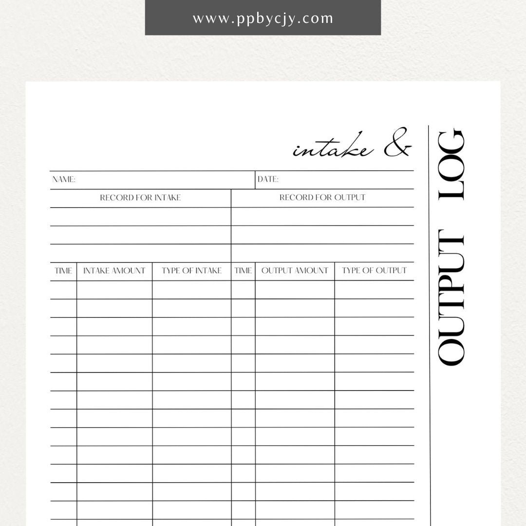Intake Output Log Printable Template – Digital download for tracking and recording fluid intake and output measurements.
