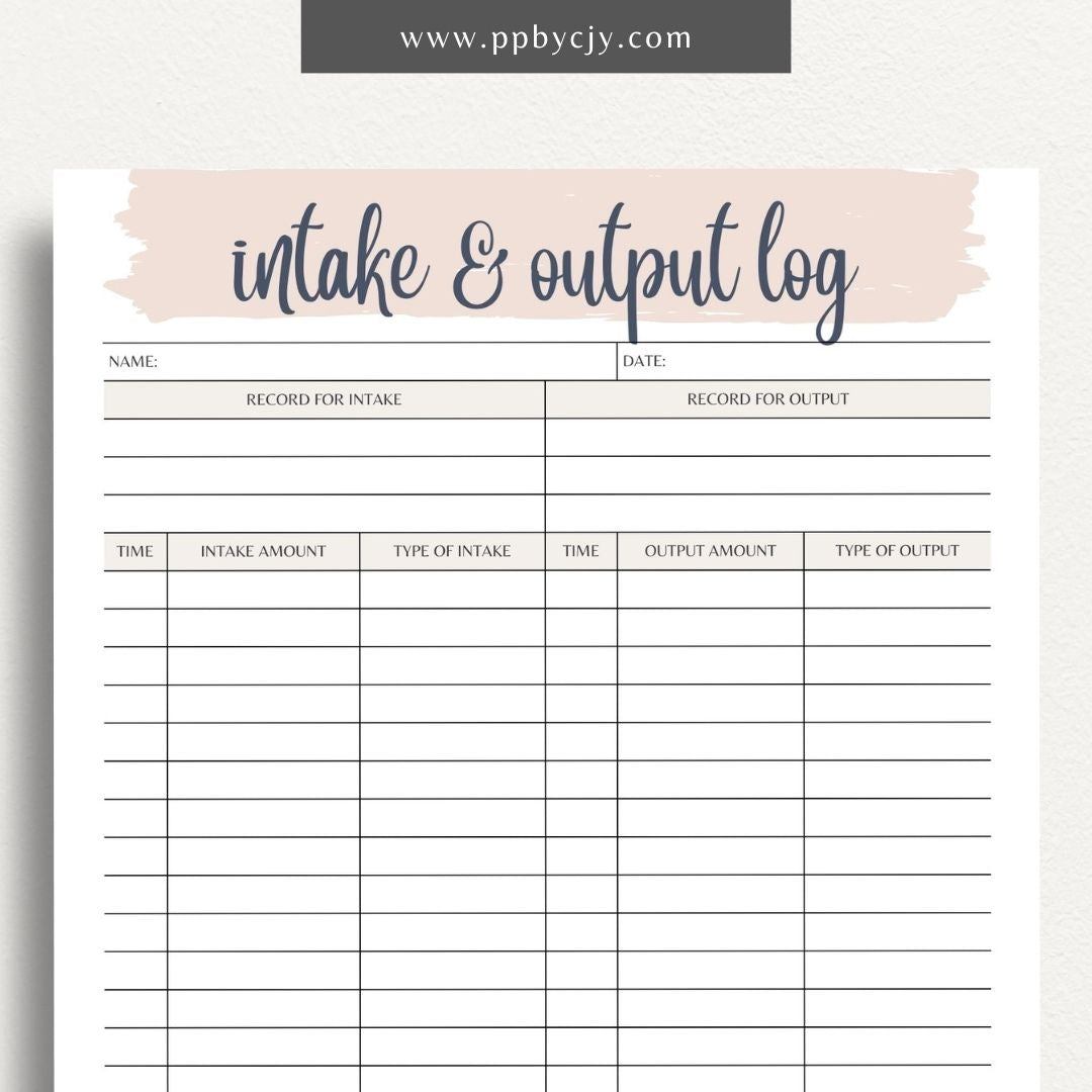 Intake Output Log Printable Template – Digital download for tracking and recording fluid intake and output measurements.
