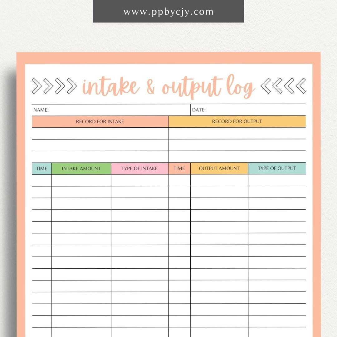 Intake Output Log Printable Template – Digital download for tracking and recording fluid intake and output measurements.