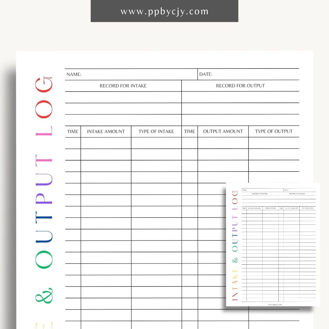 Intake Output Log Printable Template – Digital download for tracking and recording fluid intake and output measurements.
