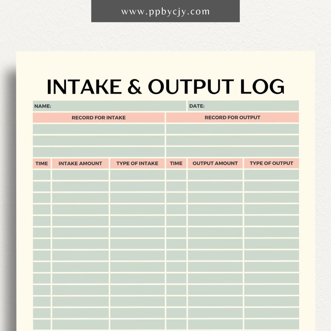 Intake Output Log Printable Template – Digital download for tracking and recording fluid intake and output measurements.